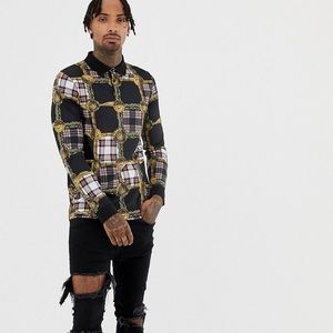 🎄LONG SLEEVE POLO WITH ALL OVER CHECK PANEL PRINT